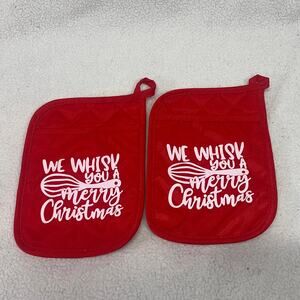 Christmas Pot Holders Set Red “We Whisk You A Merry Christmas” Kitchen Decor